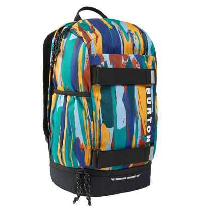 sac à dos burton disortion paint stripe vue de face avec bandes multicolores verticales et poche à chaussures