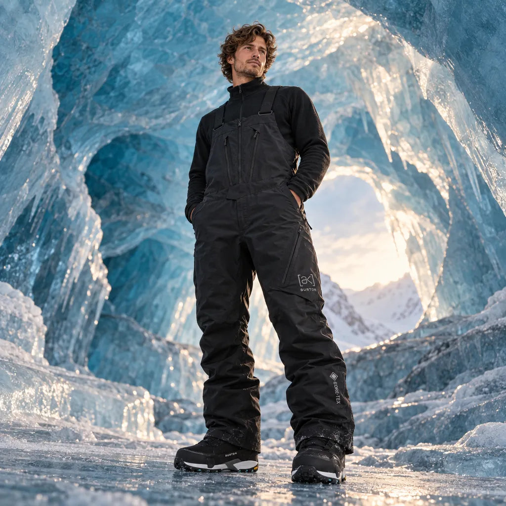 salopette noire homme burton cyclc portée dans une grotte de glace