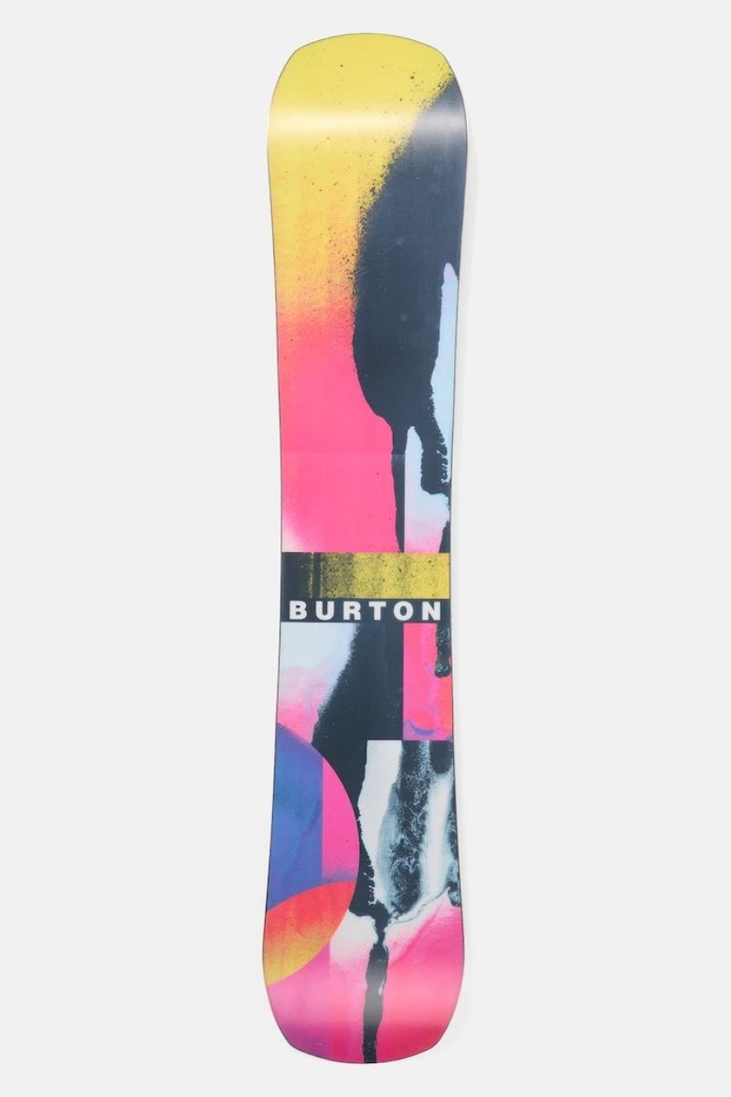 snowboard vue semelle rose et jaune dessin multicolore