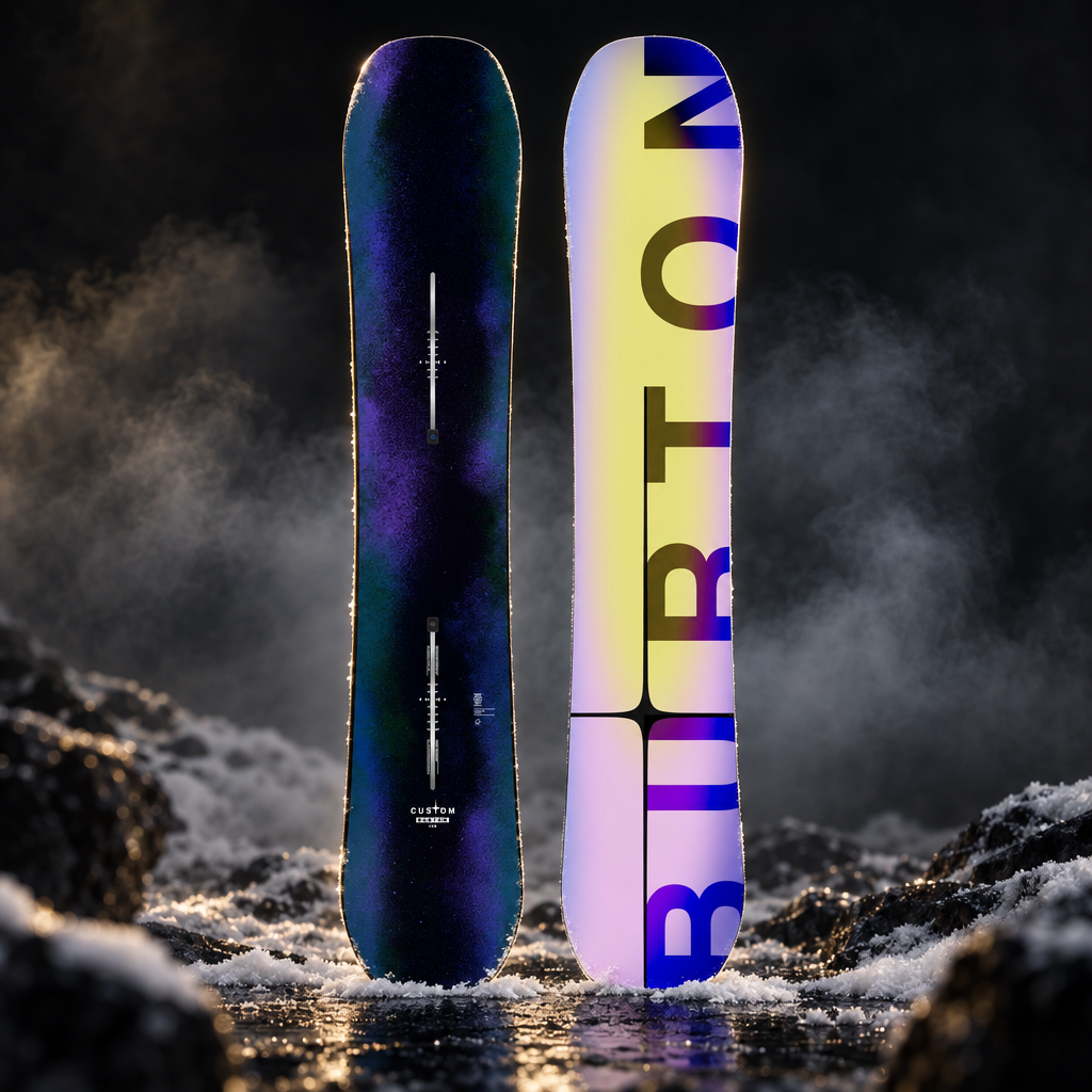 Snowboard Burton Custom Camber homme Faded 158 – face et dos dans une ambiance neigeuse sombre