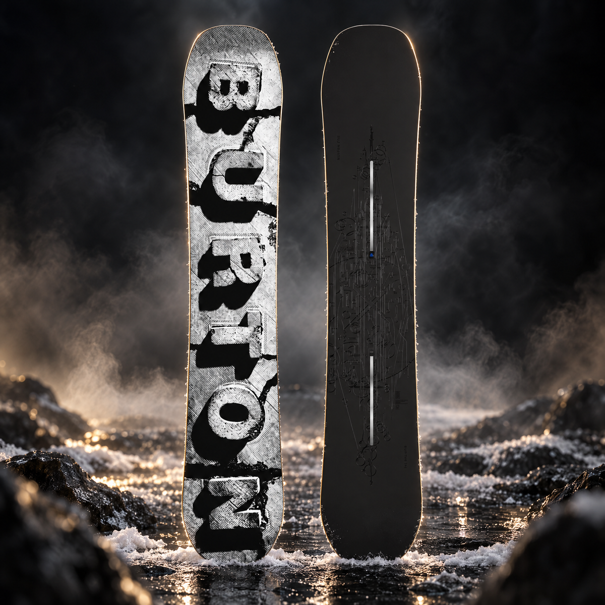 Snowboard Burton Custom X Camber homme Etched 158 – vue face et dos sur fond hivernal sombre