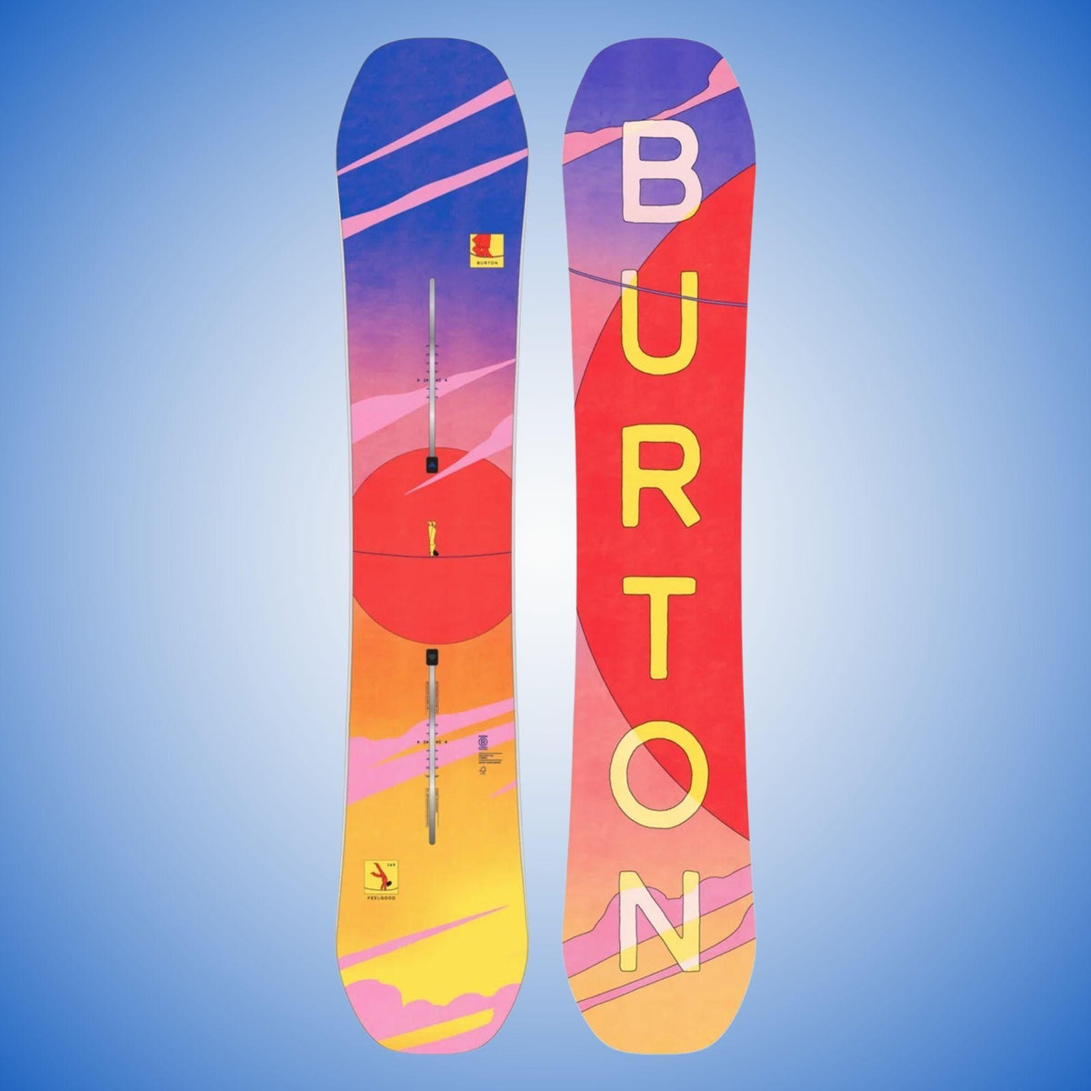 Snowboard femme Burton Feelgood Camber présenté recto verso, avec dégradés bleu, rose, rouge et jaune et grand lettrage BURTON