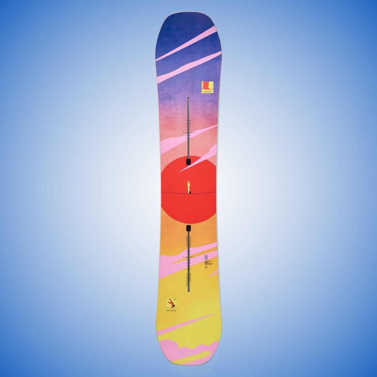 Vue entière du snowboard Burton multicolore, avec graphisme vertical rouge, rose et jaune sur fond bleu en spatule