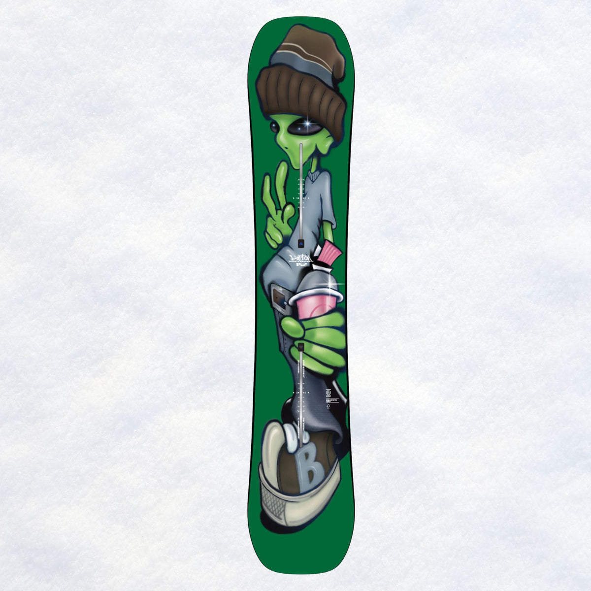 Face supérieure complète du Good Company 152, shape Twin vert décoré d’une grande illustration multicolore