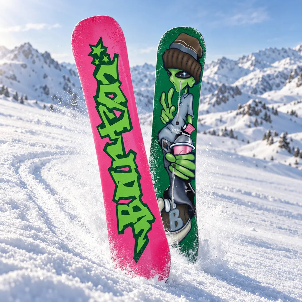 Snowboard Burton Good Company Camber Homme alien 152, topsheet vert avec alien et semelle rose présentés côte à côte dans la poudreuse en montagne