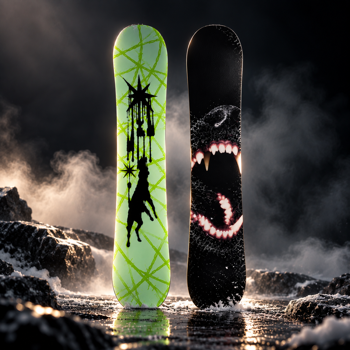 Snowboard Burton Process Camber homme Bad Dog 155 – vue face et dos sur décor enneigé sombre