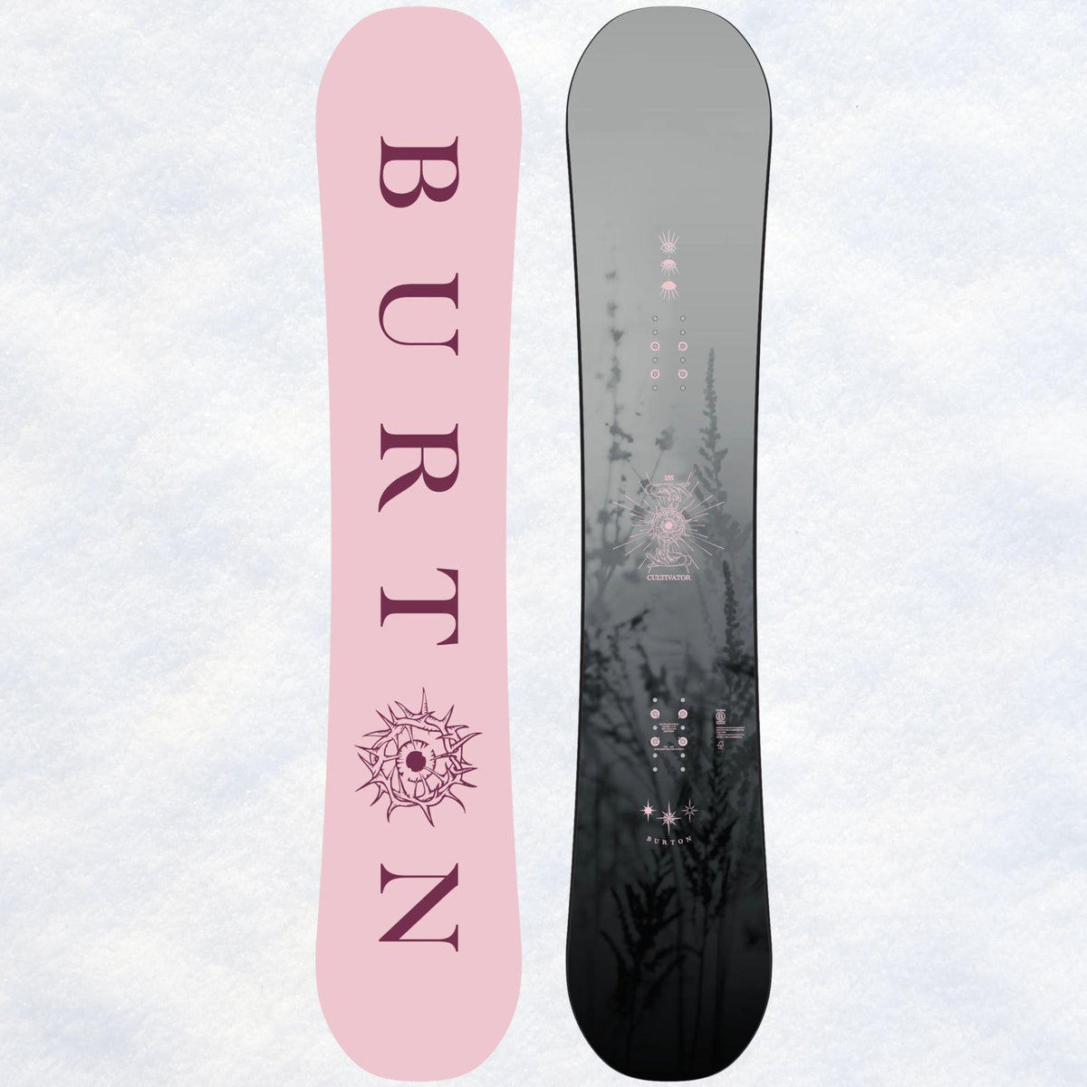Burton Cultivator Flat Top 145 présenté recto verso, semelle rose à lettrage BURTON et topsheet gris sombre à motifs floraux