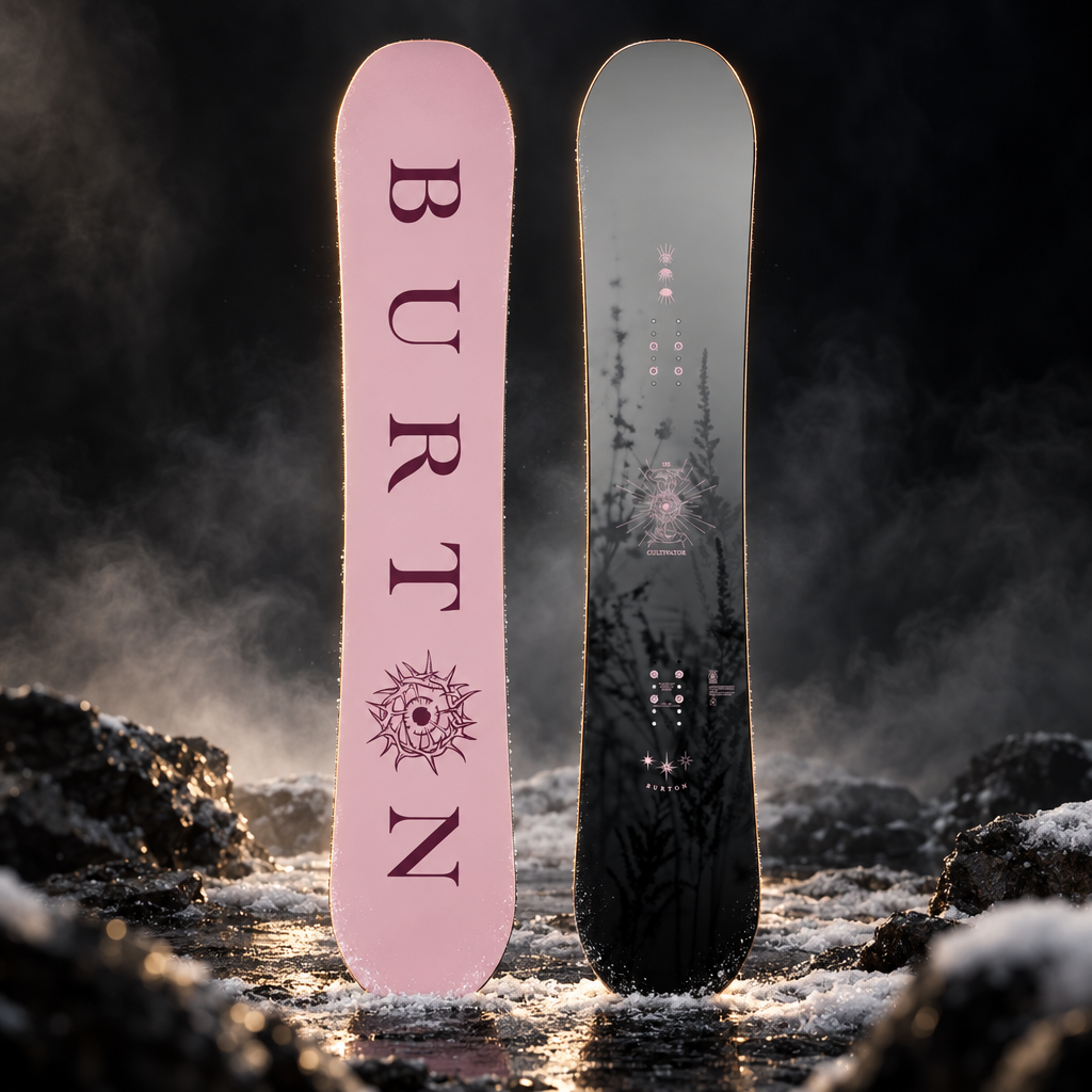 Snowboard Burton Cultivator Flat Top Mist 145 – face et dos dans une ambiance hivernale sombre