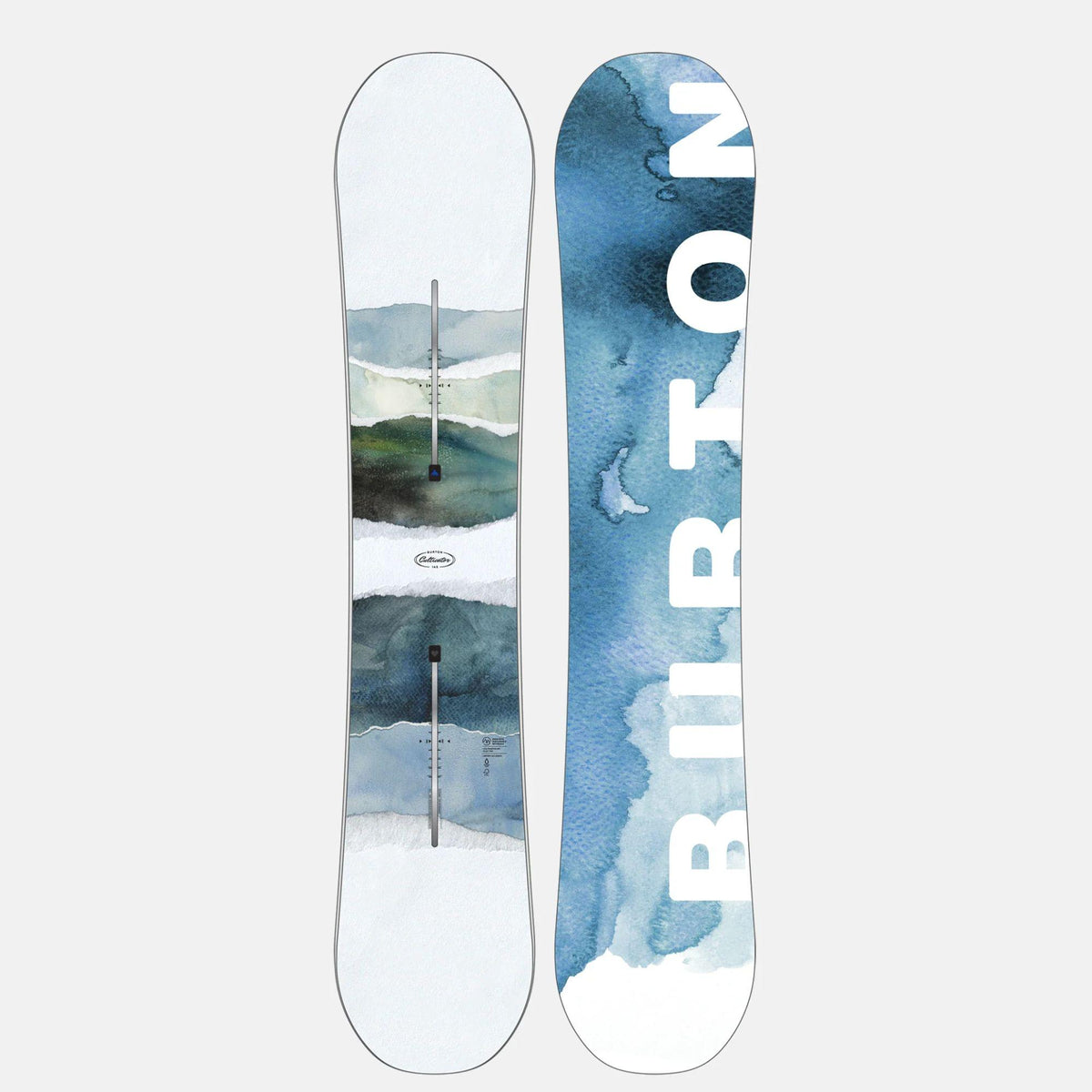 vue recto et verso du snowboard bleu et blanc avec design effet aquarelle