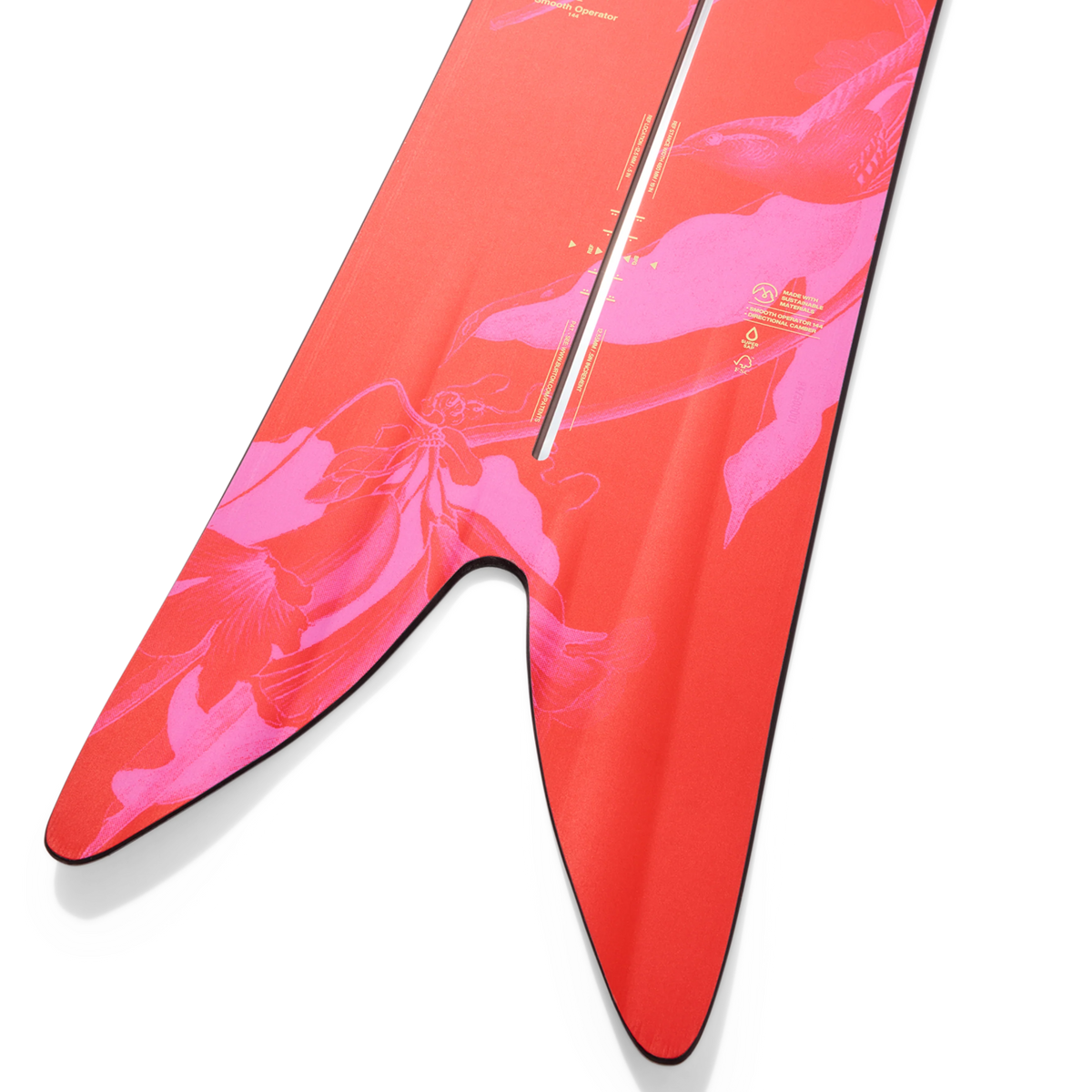 Détail du tail en queue d’hirondelle, avec motif floral rose, carres sombres et extrémités nettement séparées