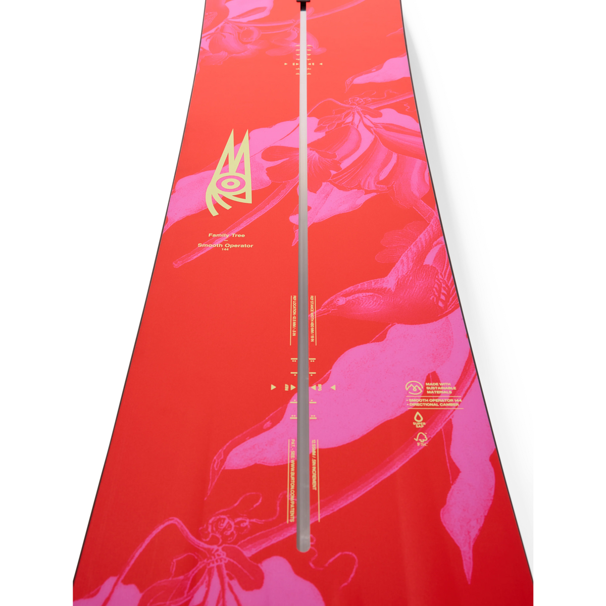 Gros plan du topsheet rose corail, motif floral ton sur ton, logo jaune et rail The Channel au centre de la planche