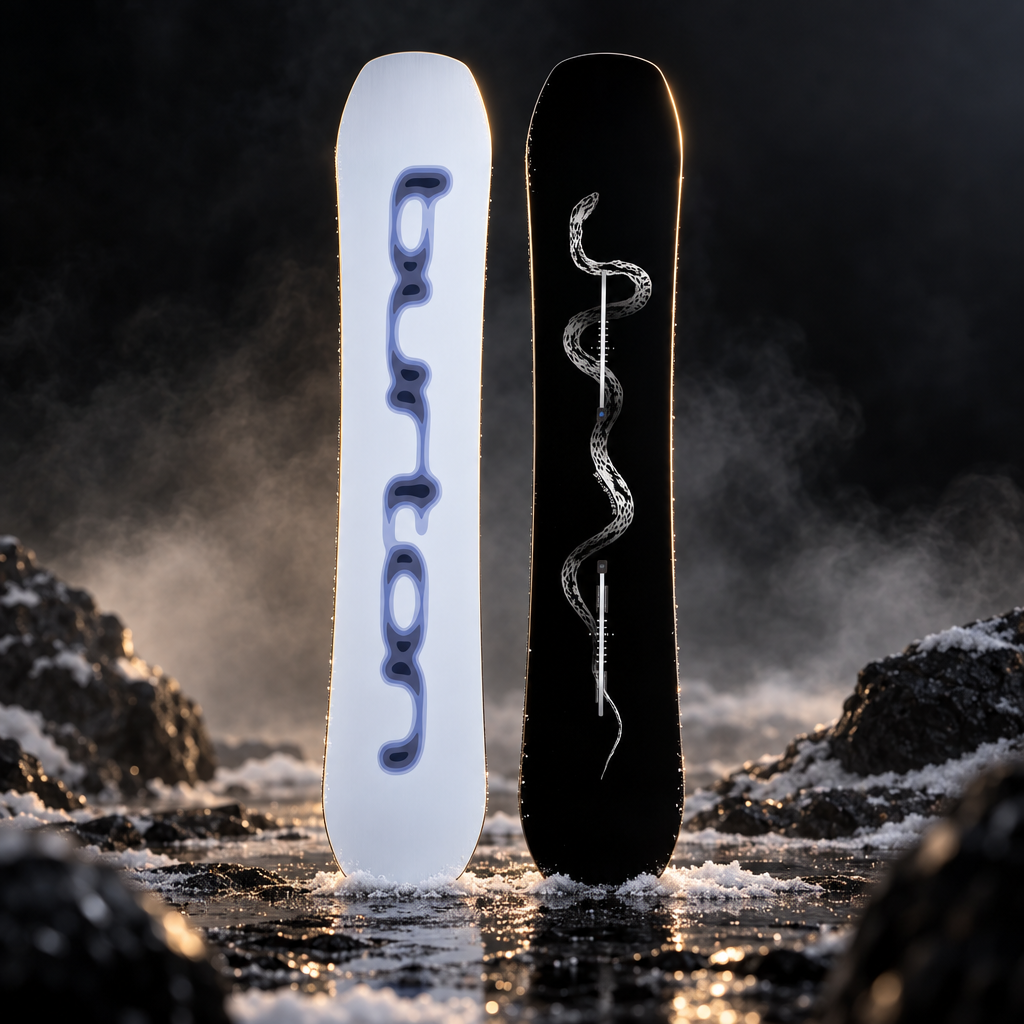 Snowboard Burton Spellbinder PurePop Camber Serpent 153 – face et dos sur fond hivernal sombre