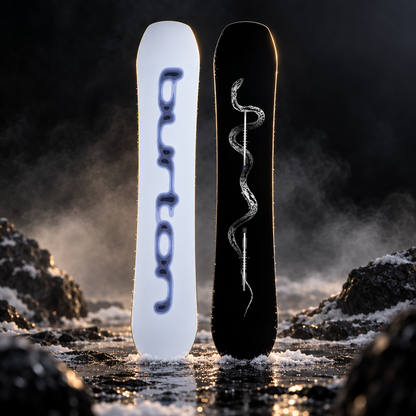 Snowboard Burton Spellbinder PurePop Camber Serpent 153 – face et dos sur fond hivernal sombre