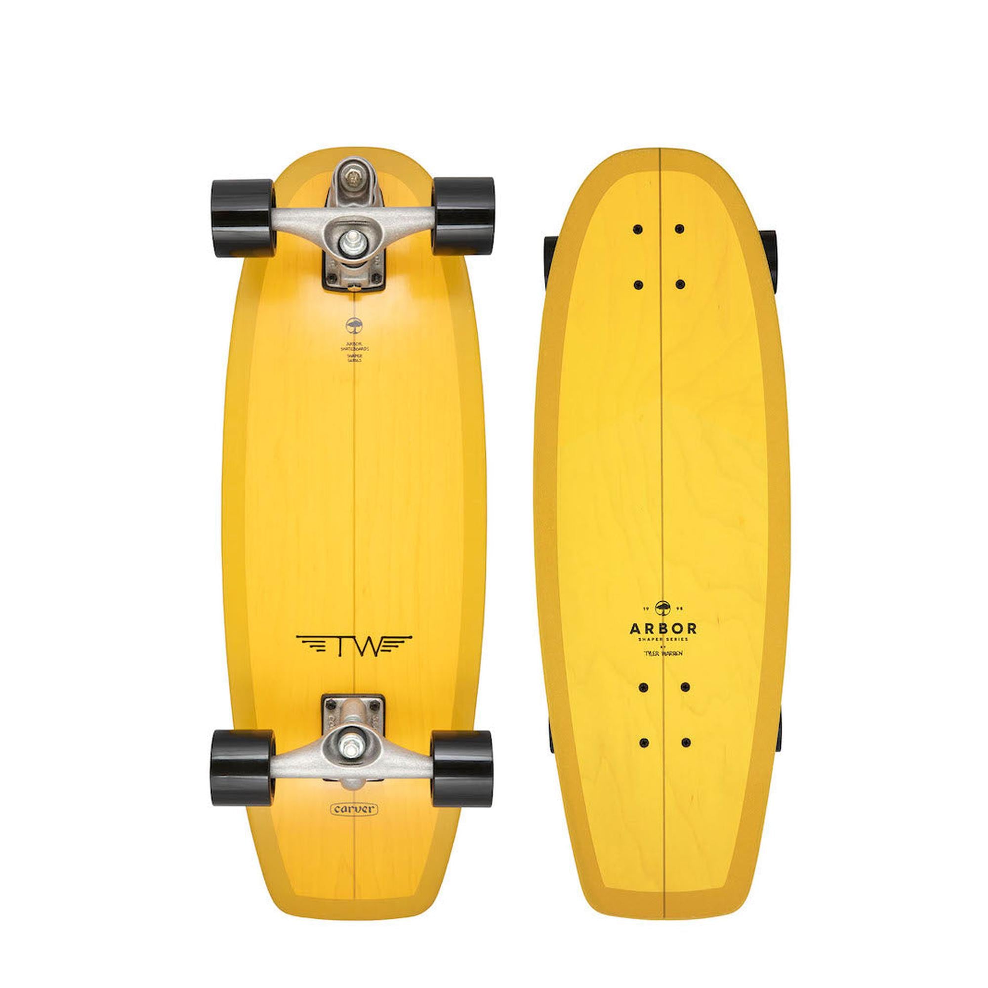 surf skate arbor carver jaune vue dessus et dessous