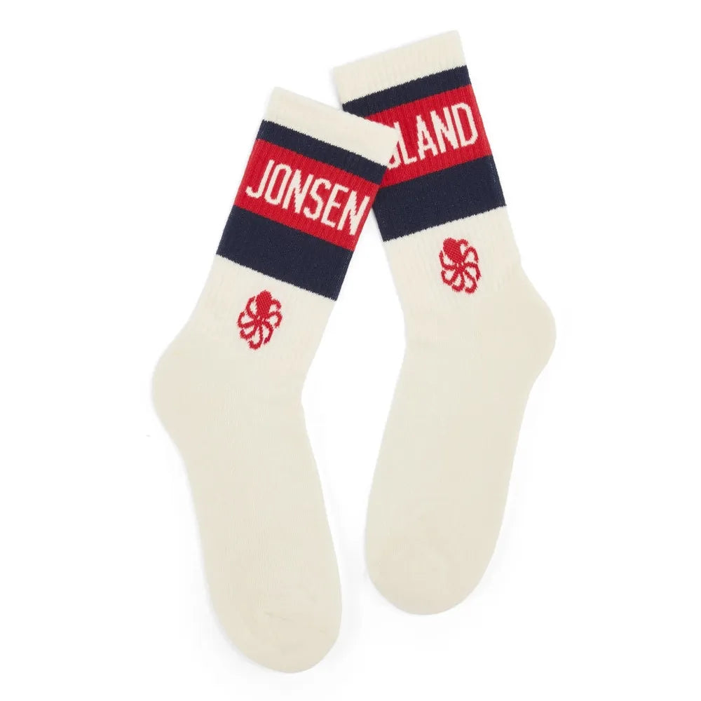 jonsen island chaussettes sock pro runner coconut détail logo bleu et rouge