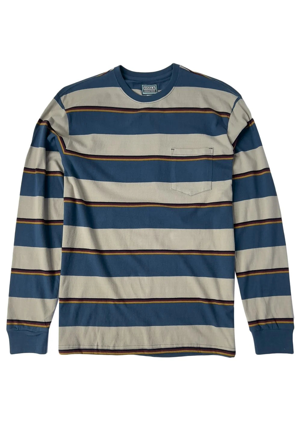 tee shirt homme manches langues beige à rayures bleues poche poitrine posé à plat vue face