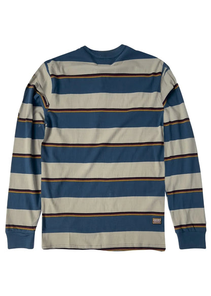 tee shirt homme manches langues beige à rayures bleues posé à plat vue dos