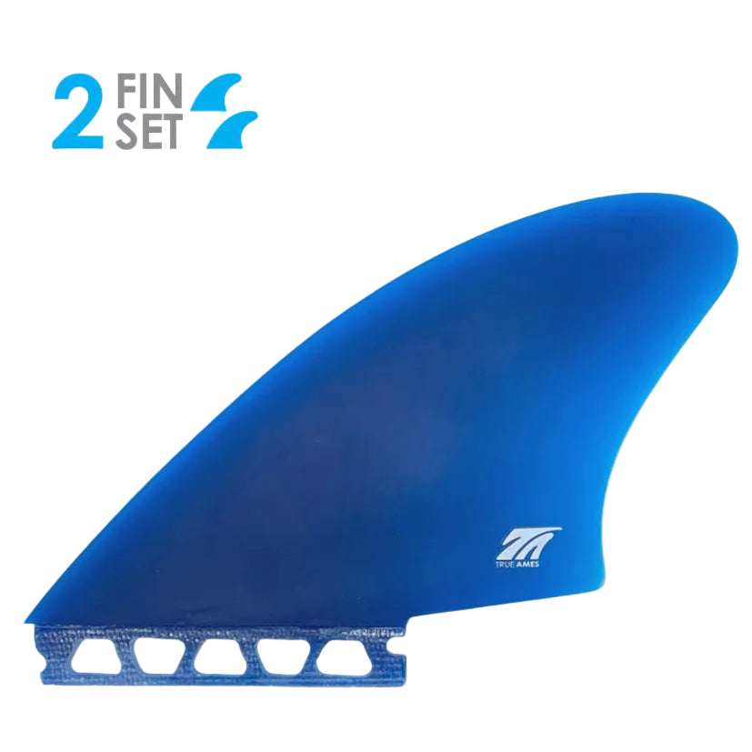 Set de dérives twin True Ames Hobie bleues pour surf rétro et planche fish