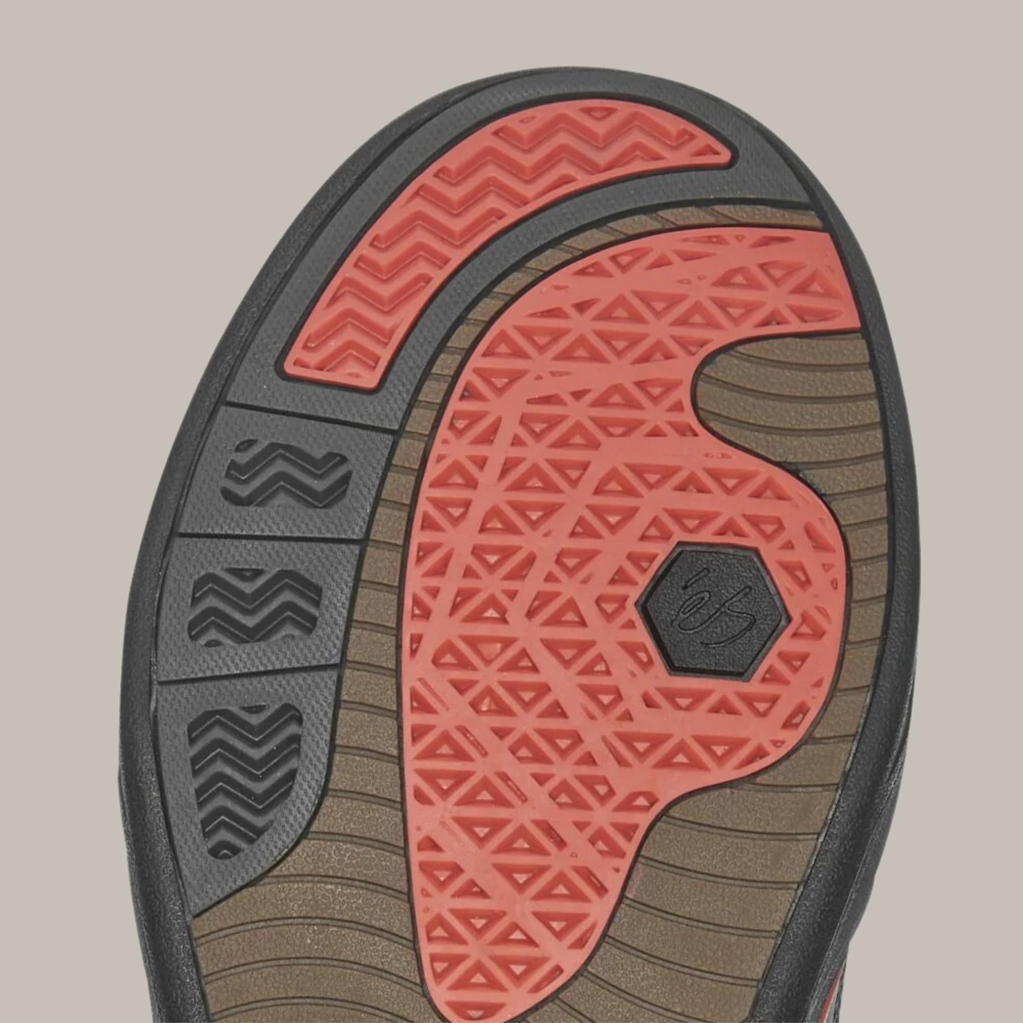 Détail de la semelle orange des chaussures éS Imprint avec zones d’accroche