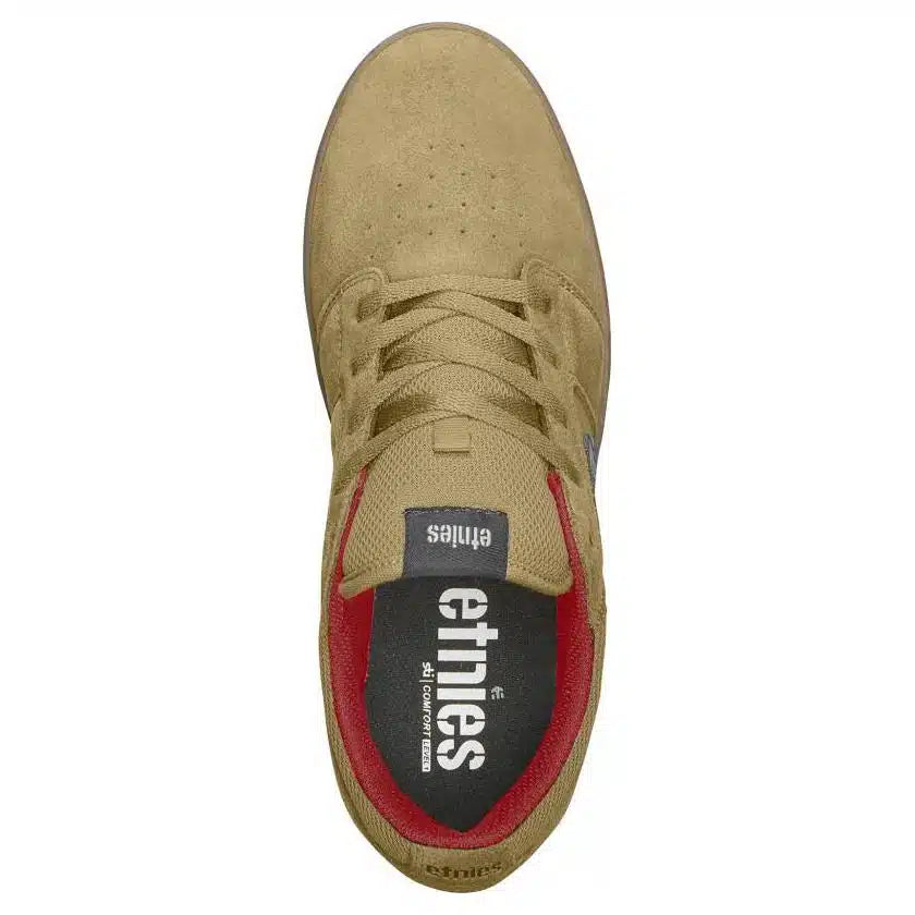 Vue de dessus de la chaussure Etnies Cresta kaki, lacets assortis, languette et semelle intérieure noire avec logo Etnies blanc et contour rouge