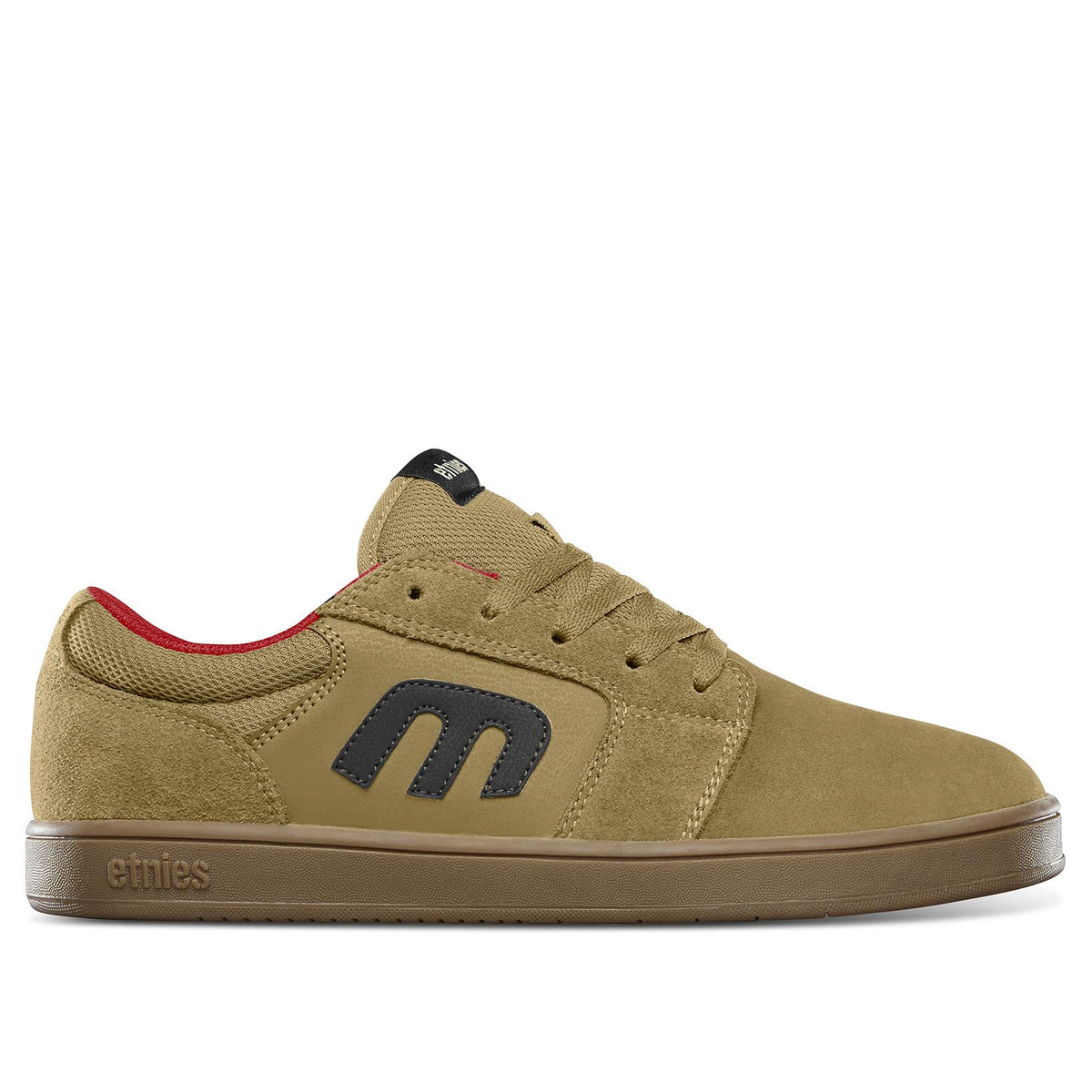 Chaussure de skate Etnies Cresta Brown Black Gum vue de profil, tige kaki, logo Etnies noir, intérieur rouge et semelle gomme marron