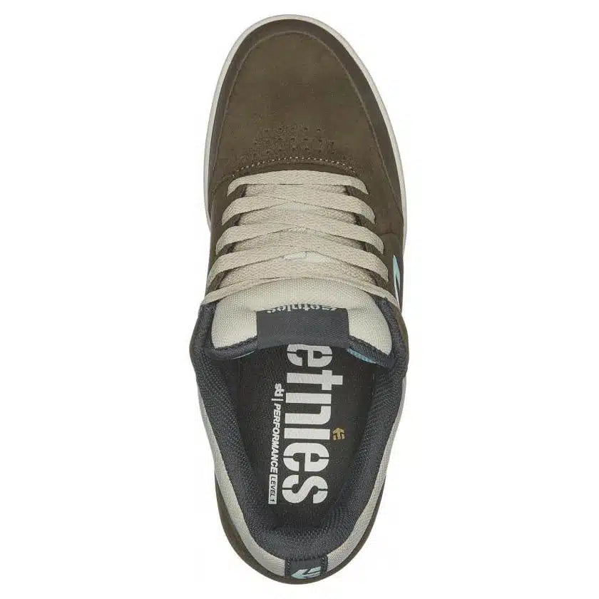 Chaussure skate Etnies Marana Michelin Brown Blue vue de dessus, lacets écrus et semelle intérieure Etnies STI Performance Level 1