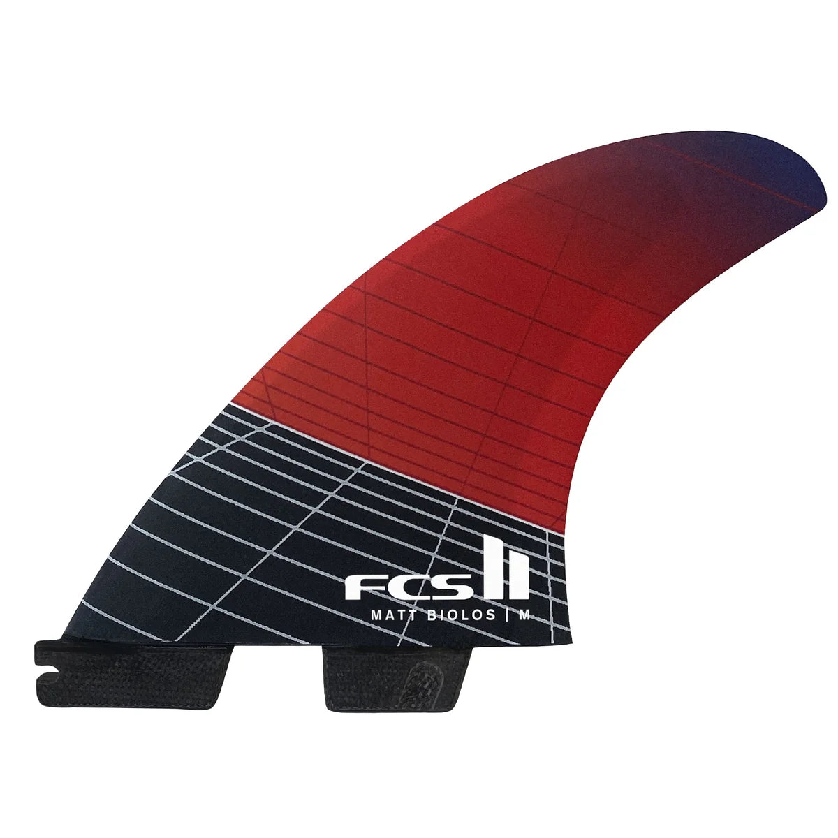 Dérive de surf FCS II Matt Biolos rouge et noire, pointe bleu marine, lignes géométriques blanches, logo FCS blanc et fixation FCS II.