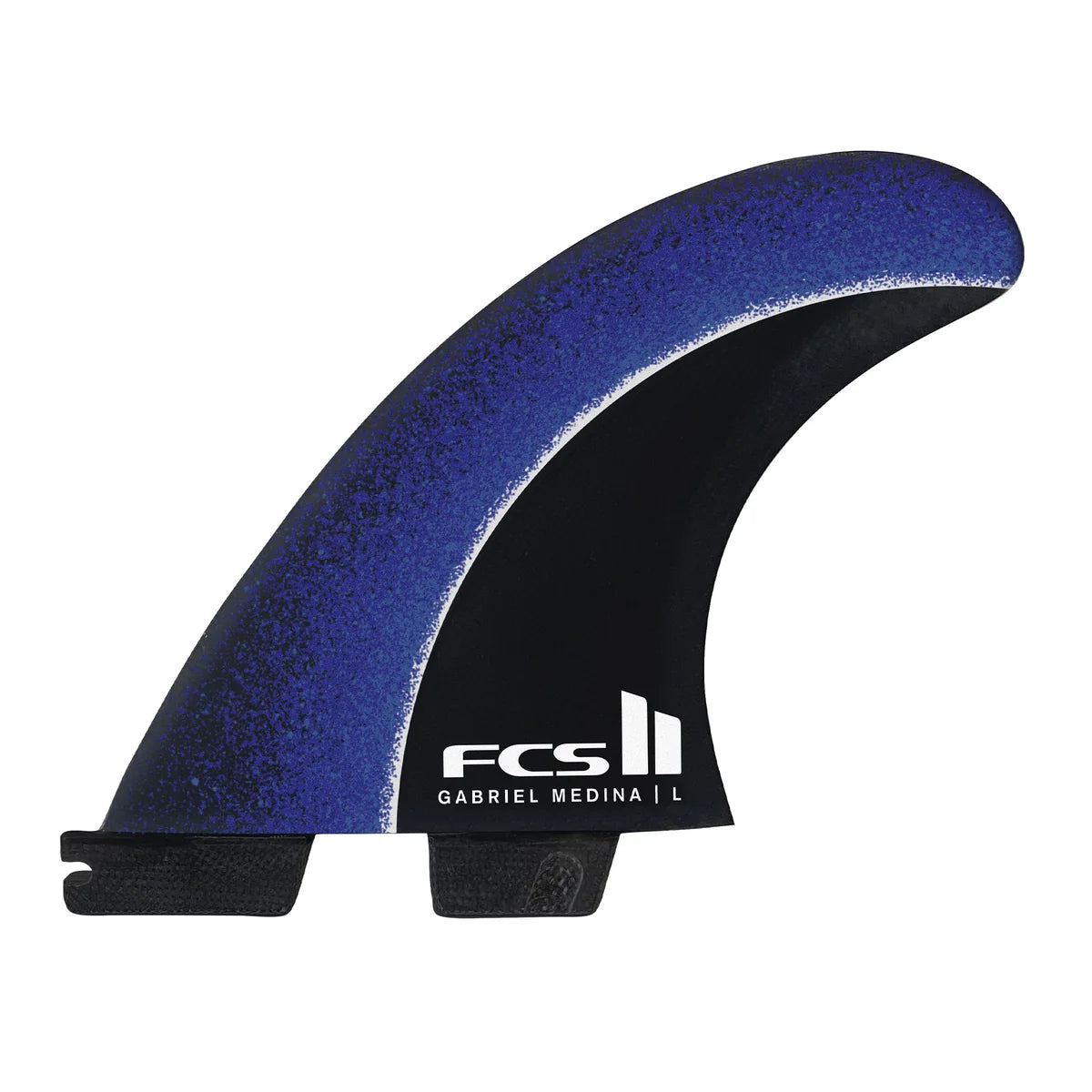 Dérive latérale FCS II Gabriel Medina Signature Blue, profil incurvé noir et bleu, construction Performance Core AirCore, système de fixation FCS II