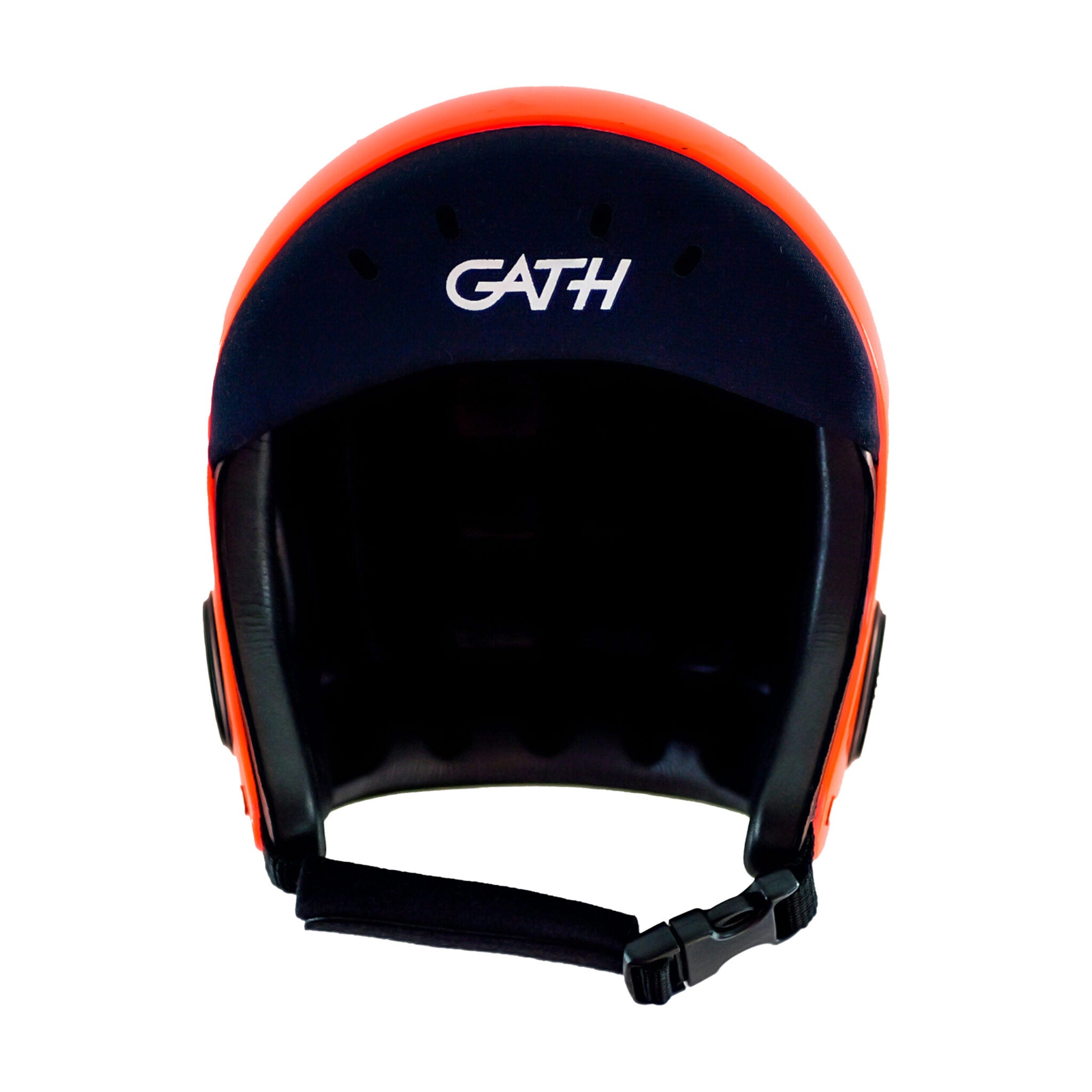 Vue de face du casque GATH NEO HAT orange avec logo GATH et jugulaire
