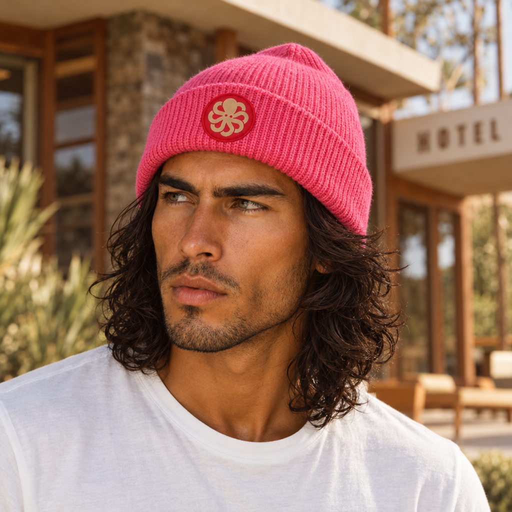 Bonnet rose Jonsen Island fuchsia porté par un homme, maille côtelée épaisse et écusson rond rouge avec poulpe doré sur le revers