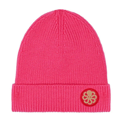 Modèle Laine Pink pour adulte et enfant présenté seul, forme ajustée avec large bord replié et petit patch cousu poulpe contrasté