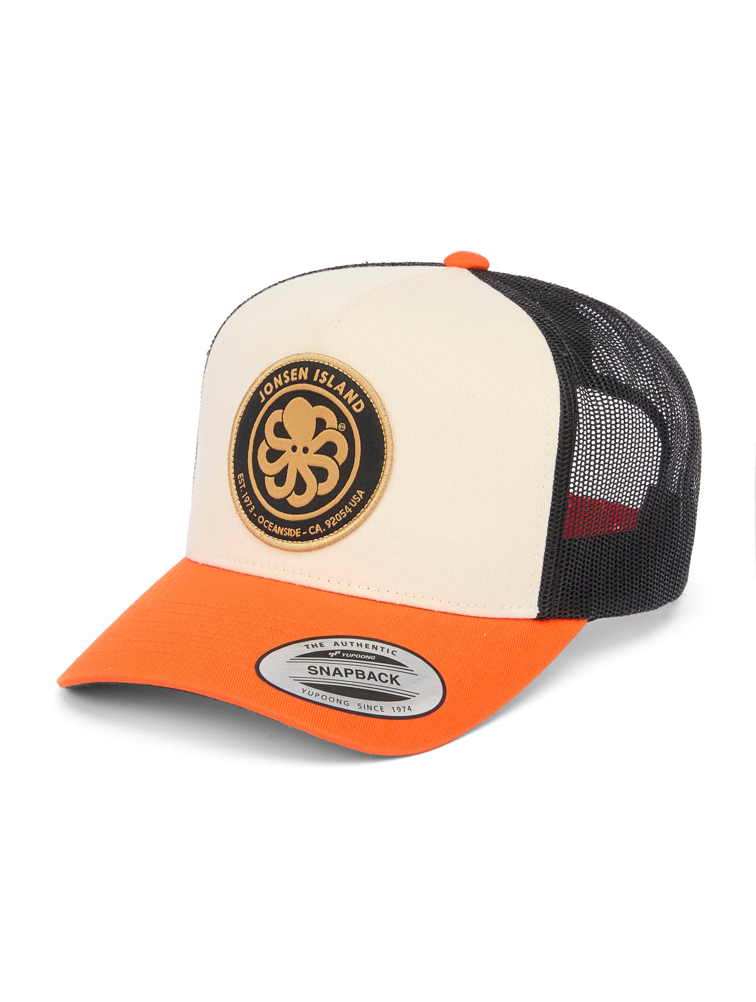 casquette surf trucker Jonsen Island noir orange vue face patch logo