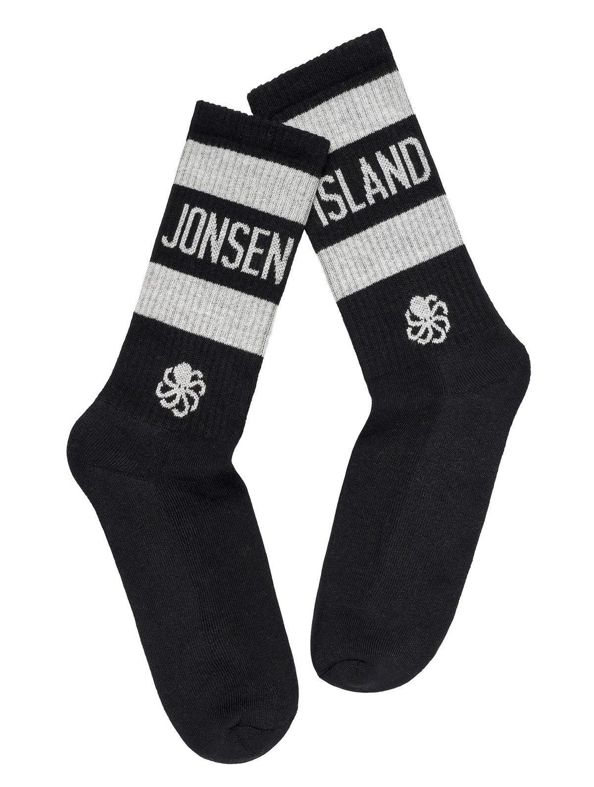vue à plat des 2 chaussettes noires avec bandes etpoulpe blanc sur fond blanc