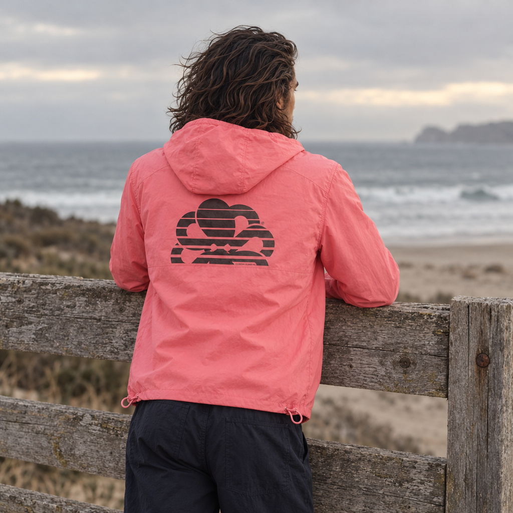 Coupe-vent surfwear Jonsen Island Windbreaker rose avec poulpe noir et capuche baissée porté par un homme vu de dos sur la plage