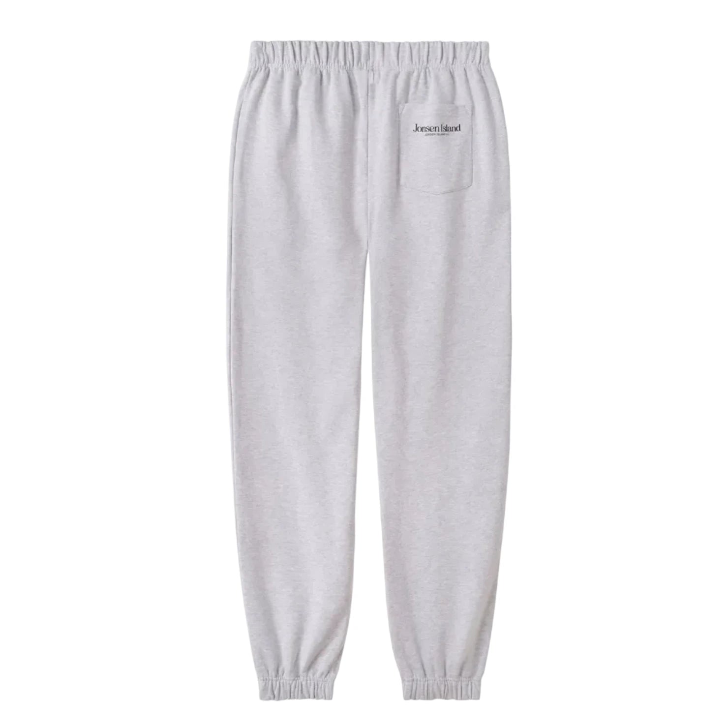 Dos du jogging gris clair pour homme, silhouette souple à poignets élastiqués et petit marquage discret près de la poche arrière