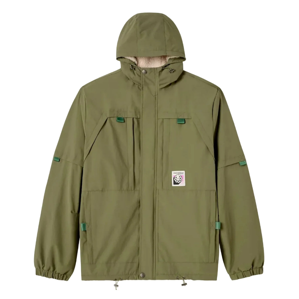 Vue produit de la Jade kaki, doublée sherpa, veste à capuche avec détails vert foncé, poches poitrine et petit patch pieuvre sur le bas avant