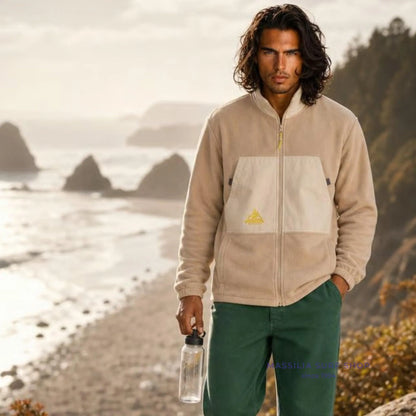 Veste polaire surfwear Ventura crème portée en bord de mer, col montant zippé et grand empiècement frontal ivoire