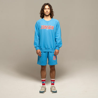 JONSEN ISLAND SWEAT CLASSIC CAMPUS Blue porté homme vue face avec short assorti