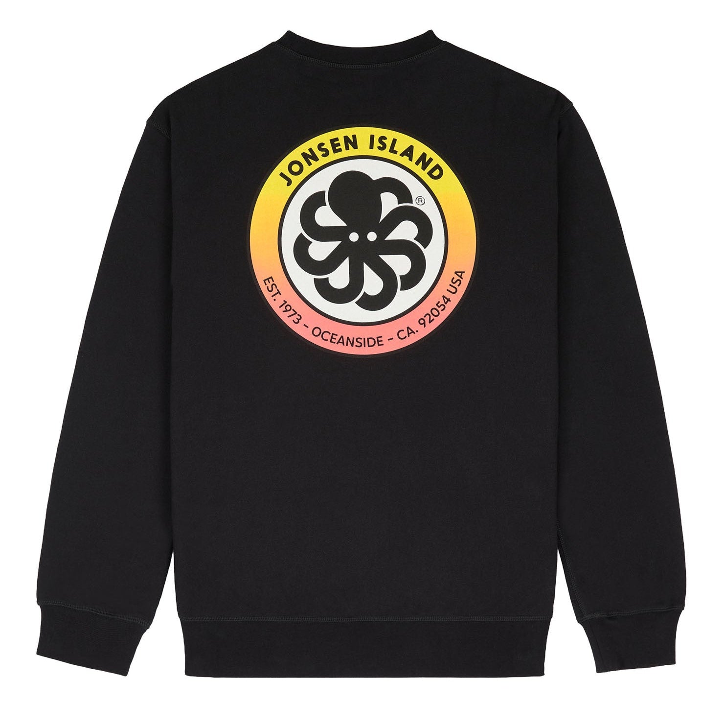 sweatshirt noir vue de dos avec logo ron jonsen jaune et orange