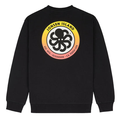 sweatshirt noir vue de dos avec logo ron jonsen jaune et orange