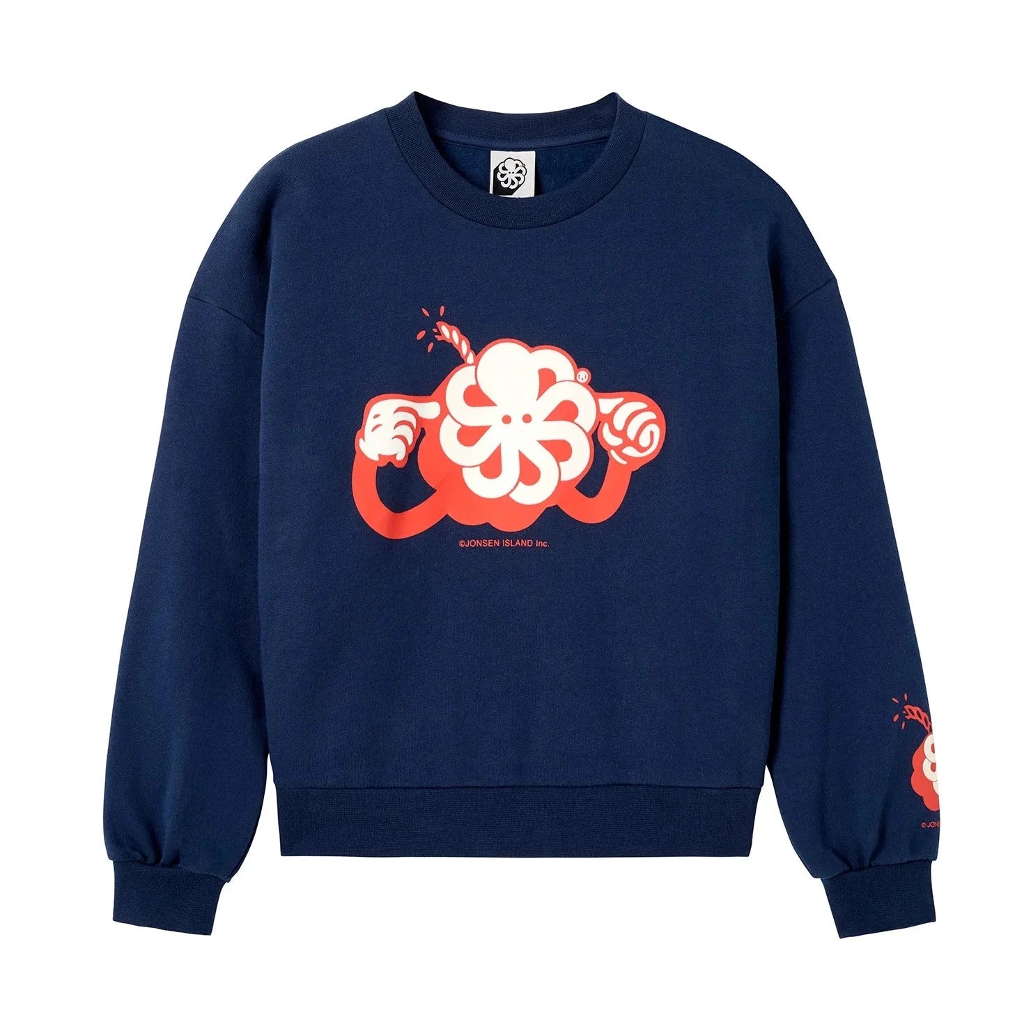 sweat enfant marine avec bombe rigolote rouge et blanche au centre et sur la manche