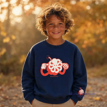 enfant portant sweat bleu marine boom jonsen island avec bombe blanche amusante