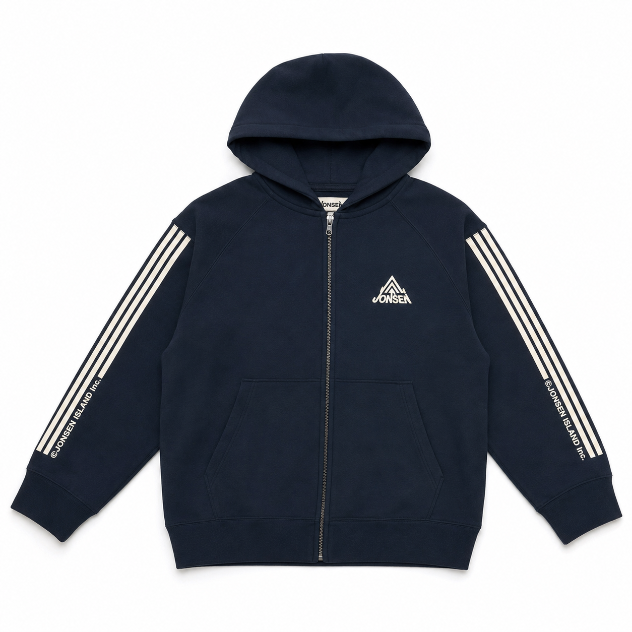 Hoodie Jonsen Island Kid présenté de face, capuche, fermeture centrale et rayures blanches longitudinales sur les deux manches