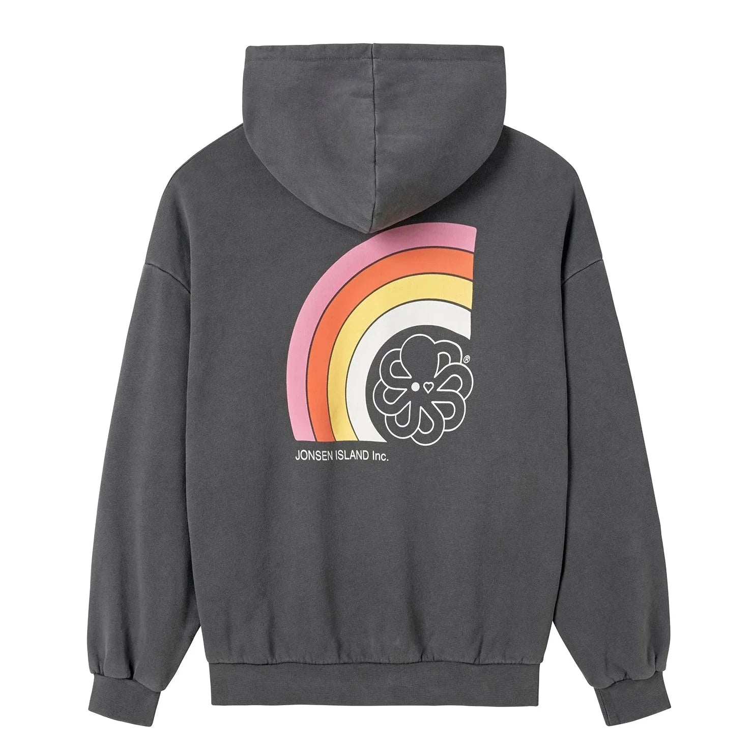 sweat hoodie femme jonsen island gris oceanside vue de dos et grand logo pieuvre et arc en ciel dans le dos