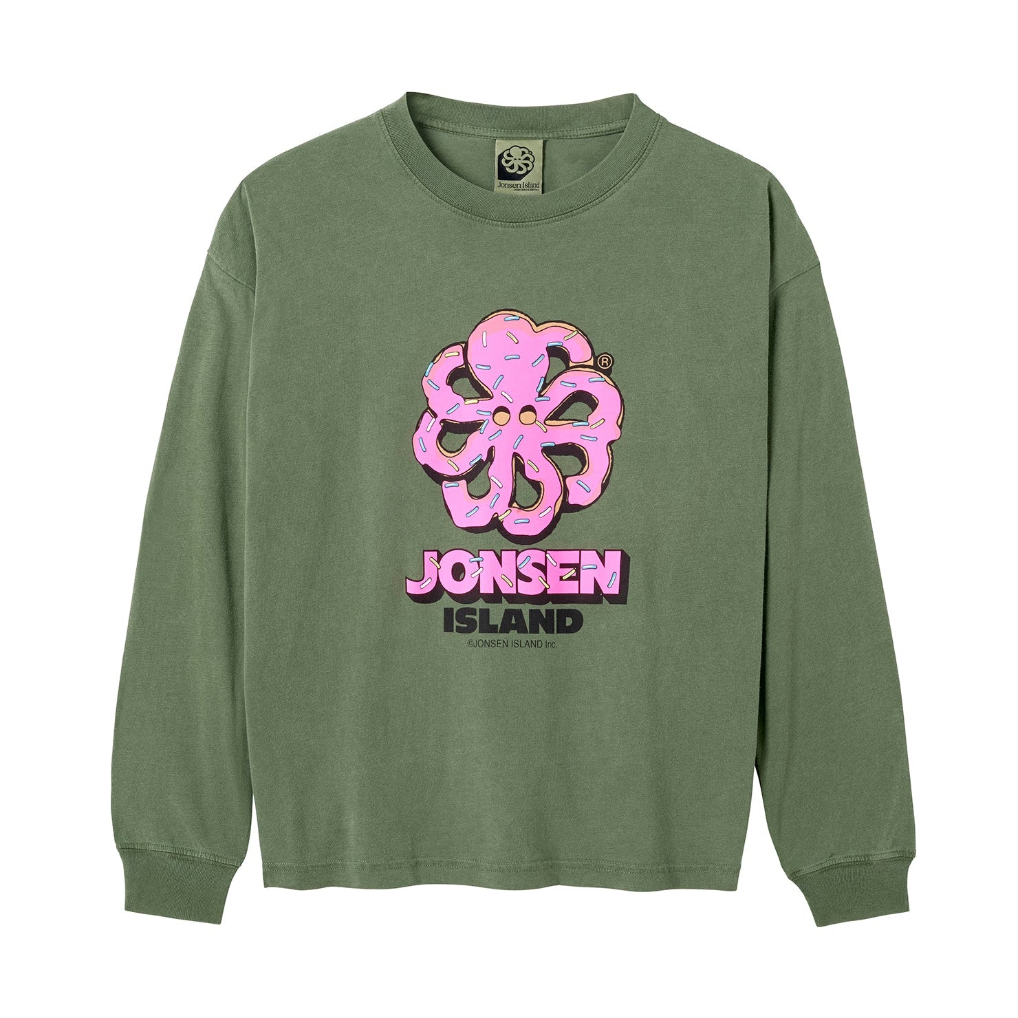 tee shirt enfant vert jonsen island manches longues avec donut rose en forme de pieuvre sur l'avant vue de face