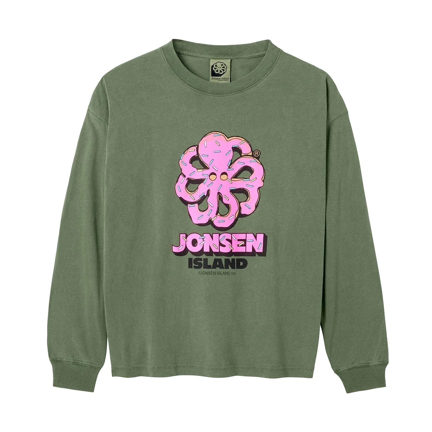 tee shirt enfant vert jonsen island manches longues avec donut rose en forme de pieuvre sur l'avant vue de face