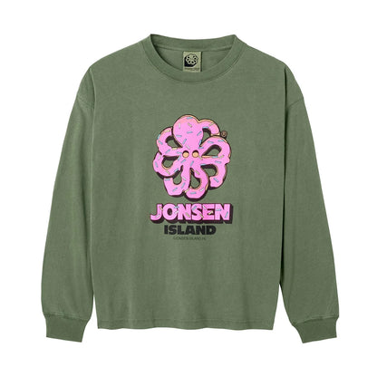 tee shirt enfant vert jonsen island manches longues avec donut rose en forme de pieuvre sur l'avant vue de face