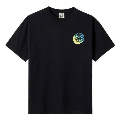 tee shirt confort noir jonsen island avec poulpe dégradé jaune et vert sur le coeur vue de face
