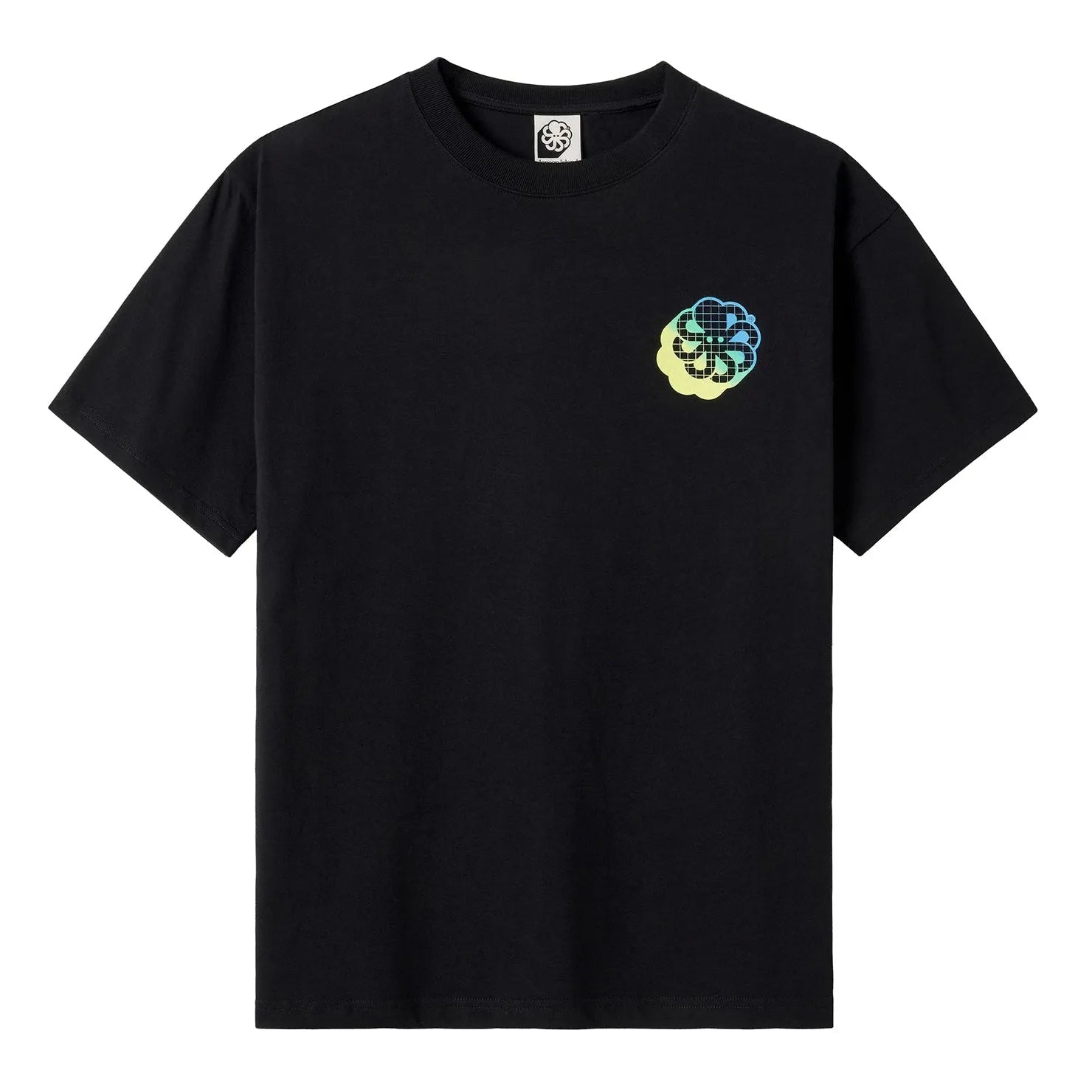 tee shirt confort noir jonsen island avec poulpe dégradé jaune et vert sur le coeur vue de face