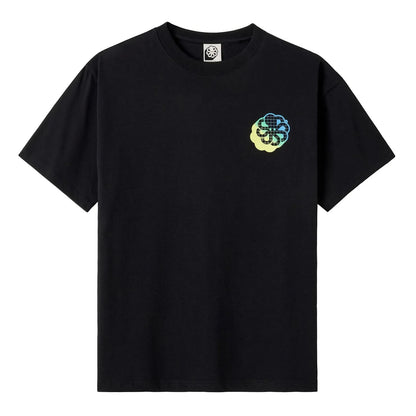 tee shirt confort noir jonsen island avec poulpe dégradé jaune et vert sur le coeur vue de face